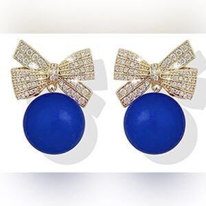 Gold Rhinestone Bow and Blue Pearl Earrings